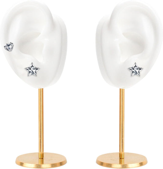 Ear Shaped Earring Display Stand, Piercing Stud Holder, Copper Round Base Silicone Body Mannequin Model Organizer, Navel Jewelry Rack for Girl Women Shows Birthday Wedding Decor (Left&Right, White)