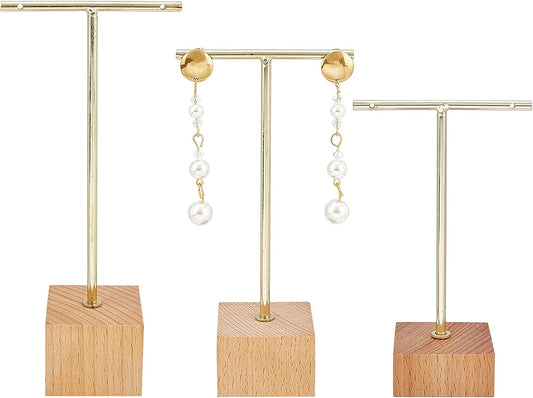 FINGERINSPIRE 3 Pcs Gold Metal T Bar Earring Display Stand 6.3/5.5/4.5 Inch Height Jewelry Stand with Wooden Square Base Earring Hanging Holders Jewelry Organizer for Store Retail Photography Props