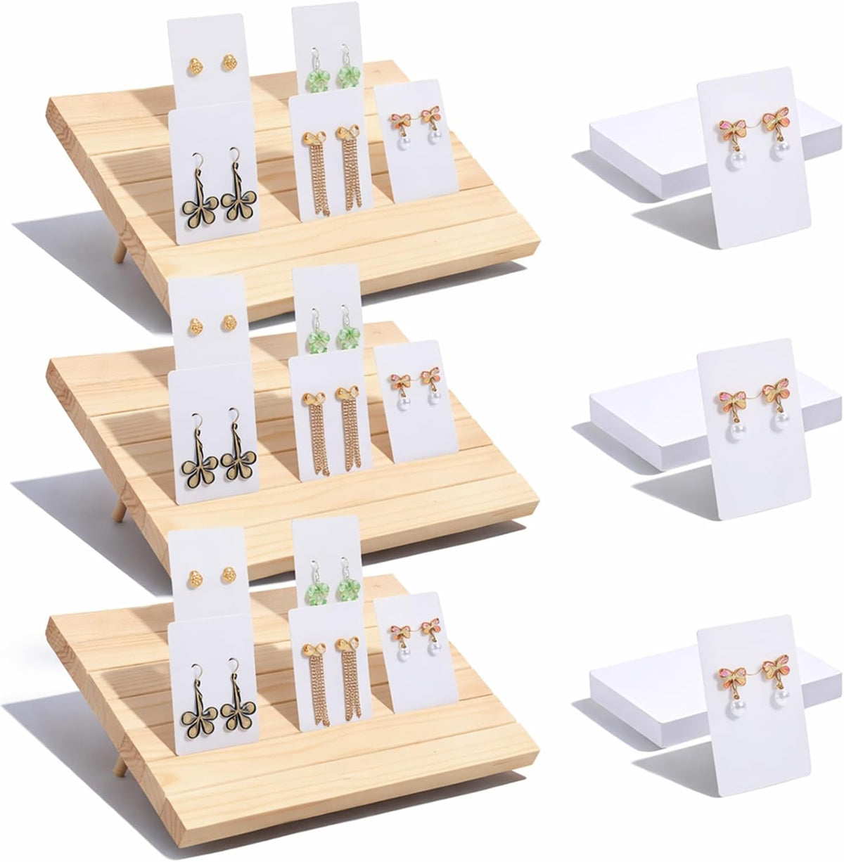 93 Pcs Wood Earring Display Stand Set - 3 Stands with 90 Cards & Support Rods for Jewelry Selling & Photo Display
