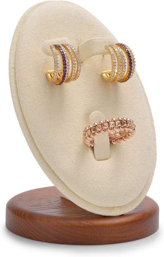 Beige Solid Wood Minimalist Earring & Ring Jewelry Display Stand