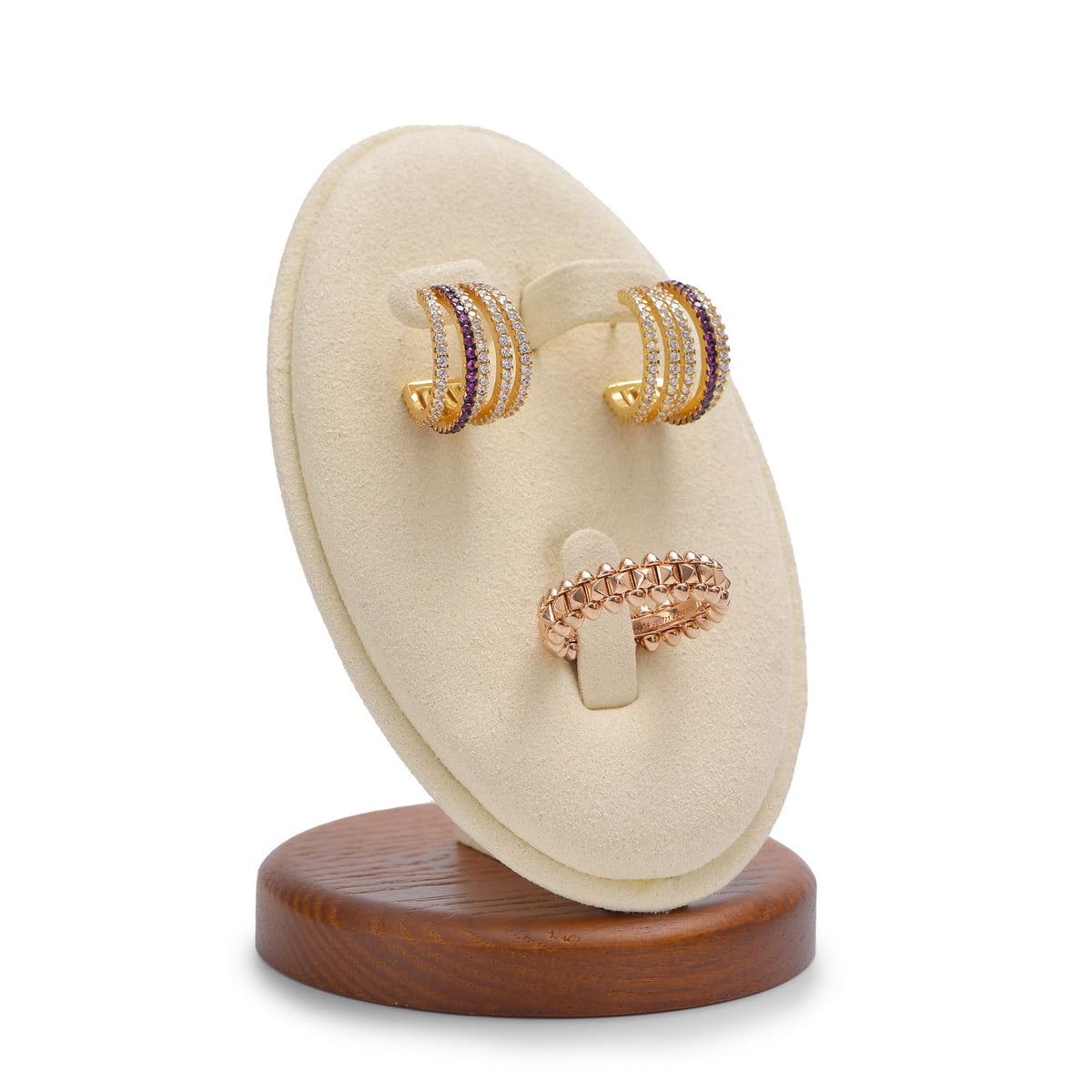 Beige Solid Wood Minimalist Earring & Ring Jewelry Display Stand