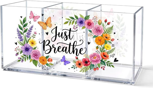 Just Breathe Pen Holder for Desk Organizer with 3 Compartments