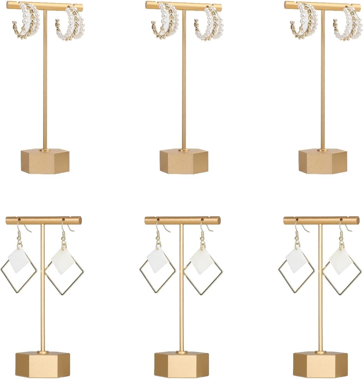 6pcs Gold Earring display T bar stand for selling, Metal Jewelry earring holder, Small Earring Display Holder, Cute Jewelry photography props for Show【Gold-Hexagon Base 6pcs】