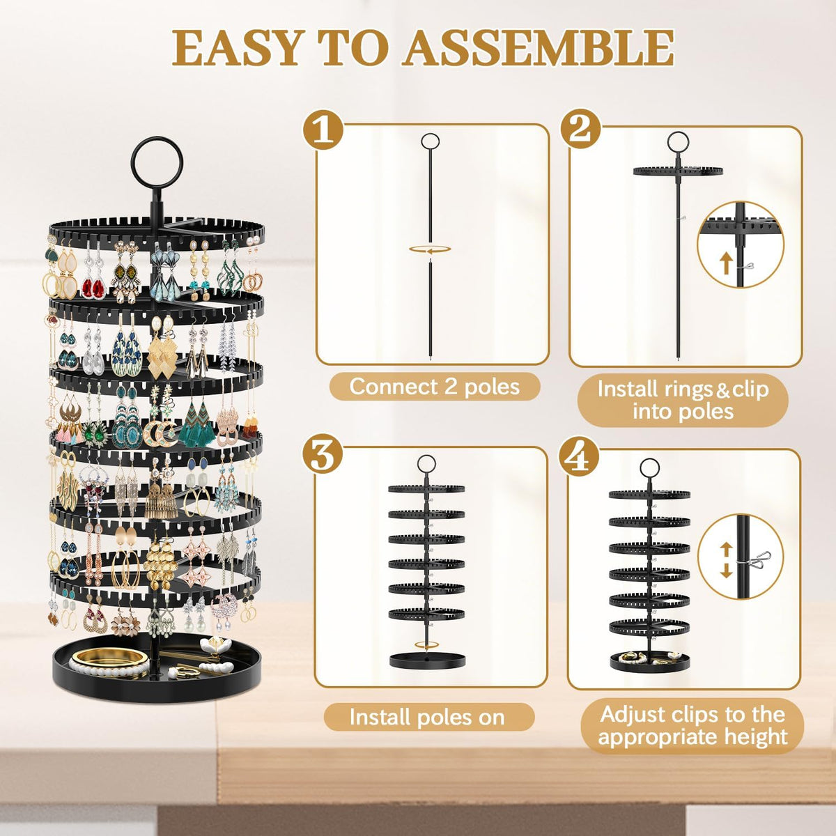 MODOWEY Rotating Earring Holder Organizer Tree Display Stand, 6 Tiers Black