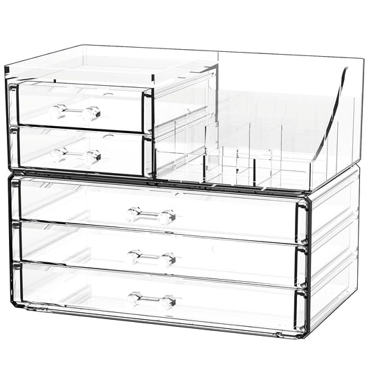 Acrylic Clear Make up Organizers And Storage for Vanity,Bathroom Skincare Organizer With 5 Drawer for Dresser,Plastic Desk Accessories Organization,Cosmetic Organizer Countertop for Beauty,Skin Care