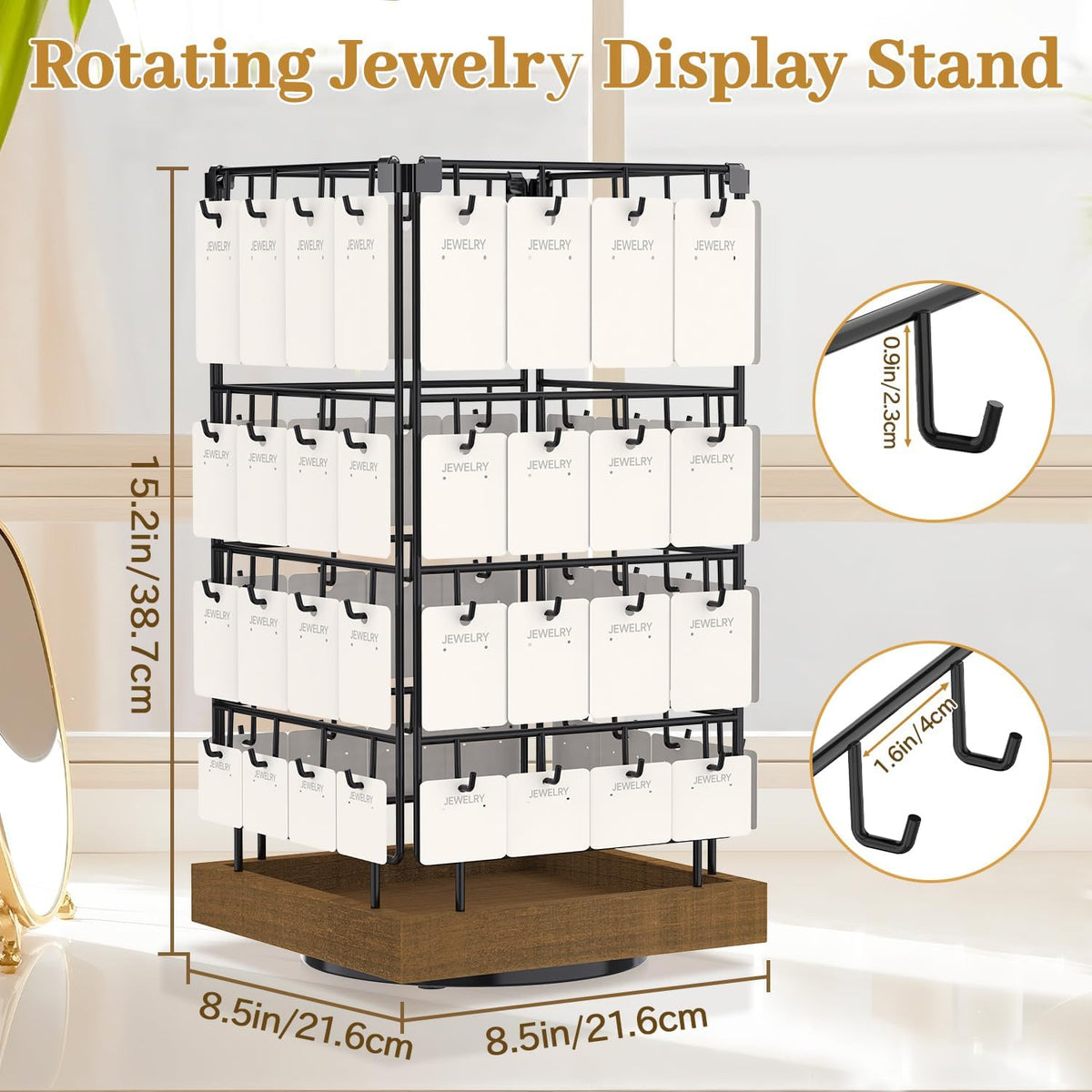 MODOWEY 360° Rotating Earring Cards Organizer Holder Stands, 64 Hooks Brown