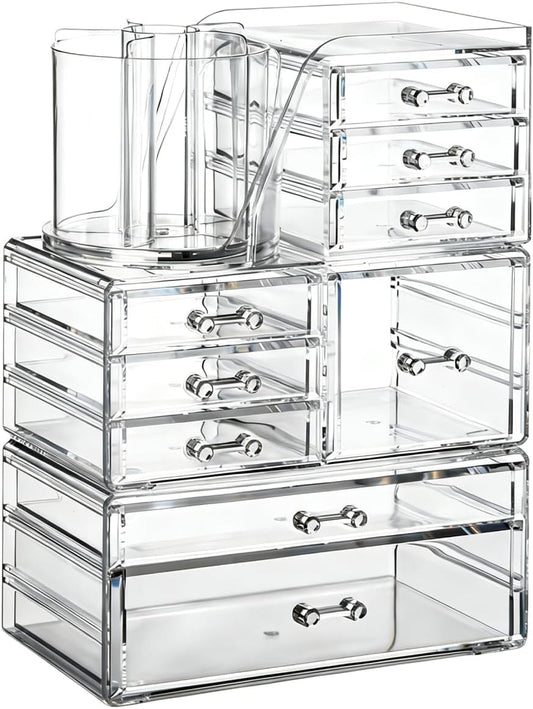 OTYMIOW 3 Tier Clear Acrylic Makeup Organizer Countertop with Brush Holder
