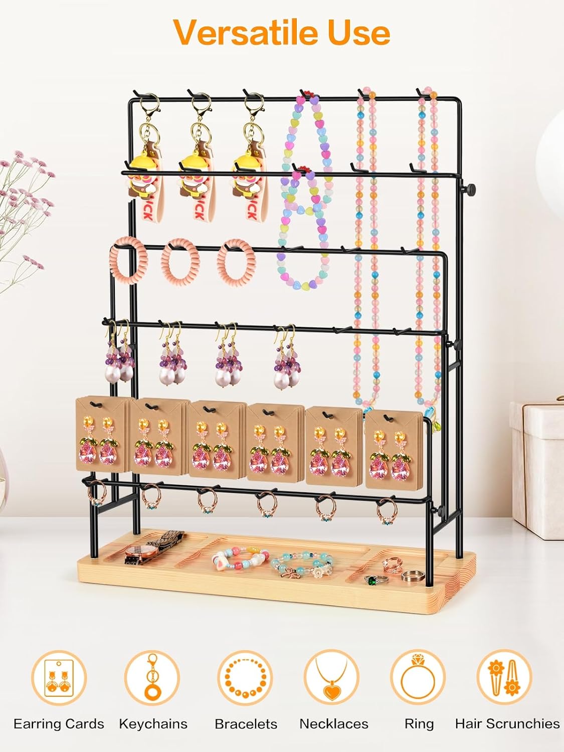 Jewelry Display for Vendors, 36 Hooks Earring Display Stands for Selling, Earring Holder Organizer for Earring Cards, Bracelets, Necklaces, Rings, Keychains Retail-Burlywood