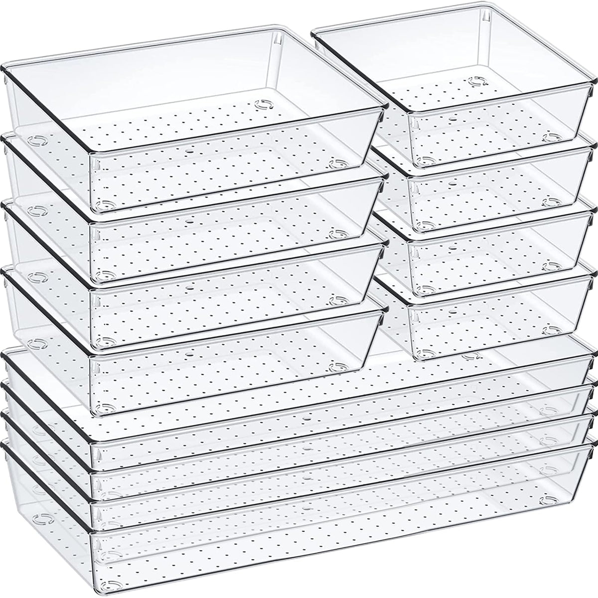 Criusia 6 Pcs Large Size Clear Drawer Organizer Set, Acrylic Non Slip Non Cracking Kitchen Drawer Storage Tray Divider, Multifunctional Storage for Cosmetics, Bathroom, Tools, Kitchen and Office