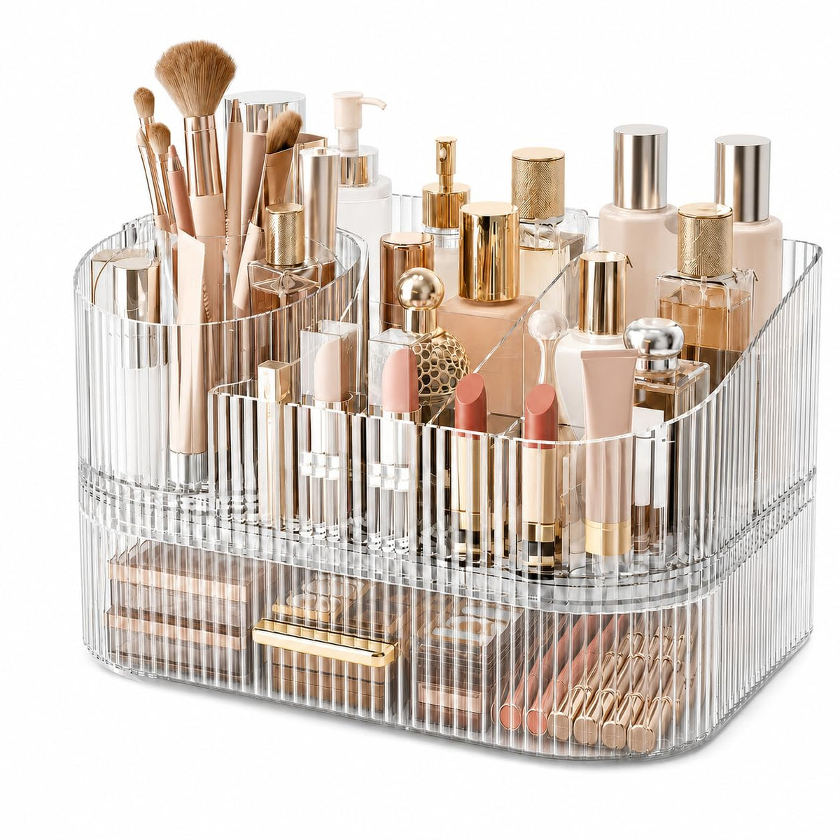 360° Rotating Makeup Organizer with Drawer, Clear Acrylic Cosmetic Storage Display, Stackable Beauty Counter (Clear, Large (Tray + 1 Drawer))