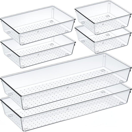 Criusia 6 Pcs Large Size Clear Drawer Organizer Set, Acrylic Non Slip Non Cracking Kitchen Drawer Storage Tray Divider, Multifunctional Storage for Cosmetics, Bathroom, Tools, Kitchen and Office