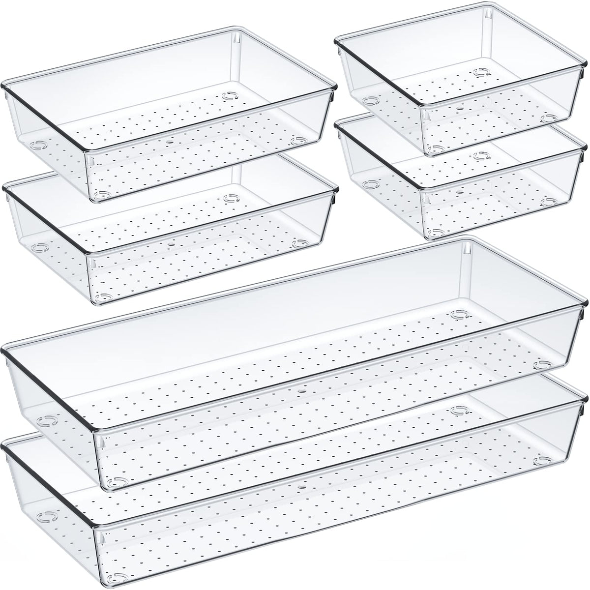 Criusia 6 Pcs Large Size Clear Drawer Organizer Set, Acrylic Non Slip Non Cracking Kitchen Drawer Storage Tray Divider, Multifunctional Storage for Cosmetics, Bathroom, Tools, Kitchen and Office