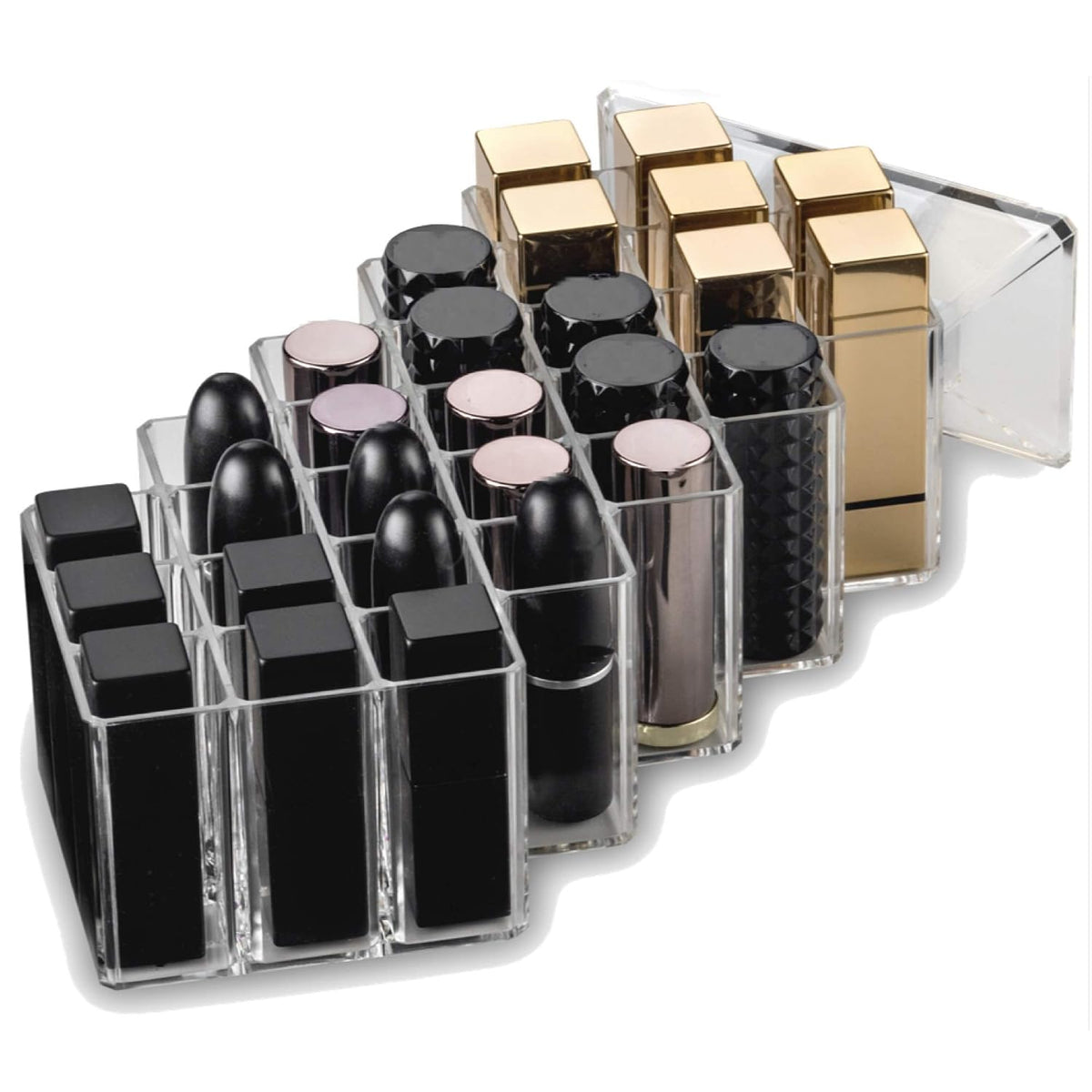 byAlegory Acrylic Lipstick Makeup Organizer | 28 Space Cosmetic Storage Designed To Stand, Lay Flat or Stack (CLEAR)