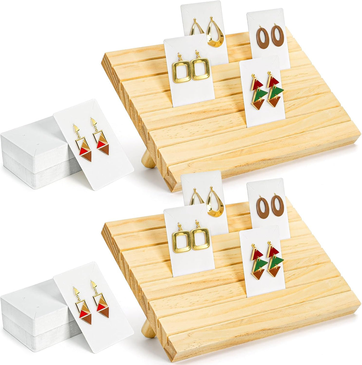 Elsjoy Set of 2 Wood Earring Display Stands with 200 Cards, Countertop Wooden Earring Display Holder for Selling, Adjustable Height