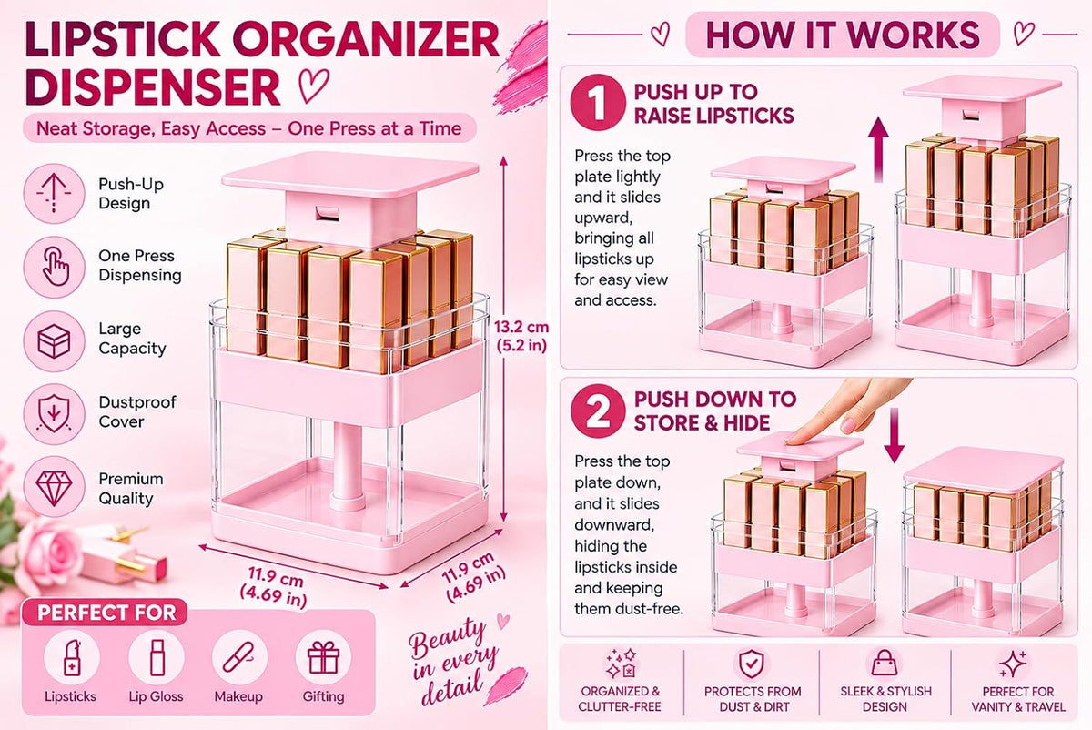 Press up Lipstick Organizer & Holder, Acrylic Lip Gloss Organizer, Pink