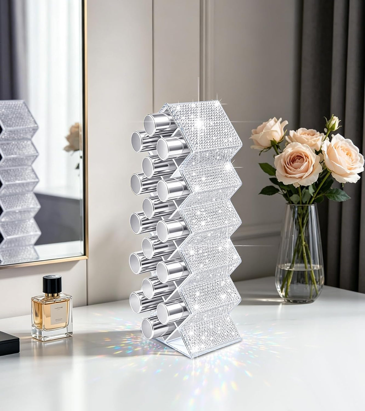 Bling Lipstick Organizer -Shiny Acrylic Lipstick Holder Glitter lipstick Storage, Fish Shape Cosmetic Lip Gloss Tower Makeup Storage for Bathroom Vanity Countertop (16 Spaces)