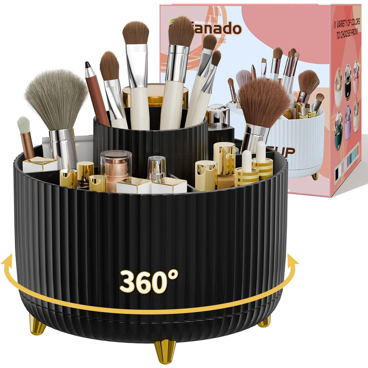 fanado 360° Rotate Makeup Brush Holder Organizer, Makeup Organizers Countertop, Makeup organization and Skincare Storage for Vanity, Desktop, Bathroom (Clear Amber)