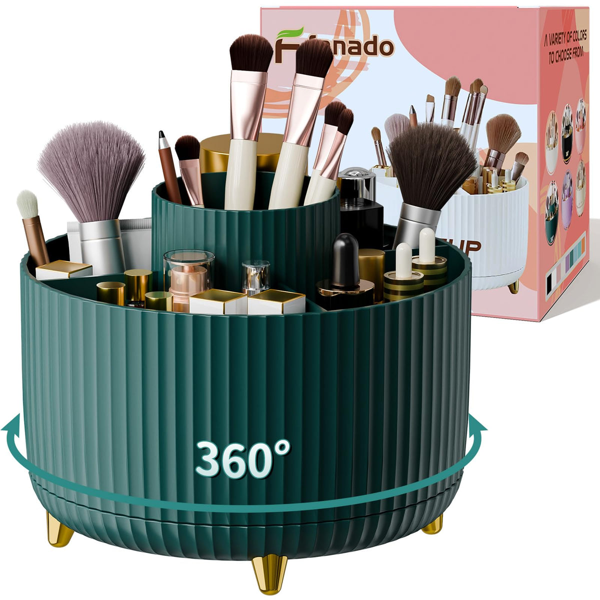 Clear Rotating Makeup Organizer Countertop for Vanity, 360° Makeup Brush Holder Organizer with 5 Compartments, Transparent Cosmetic Storage for Lipstick, Skincare, Bathroom Counter (Transparent Pink)