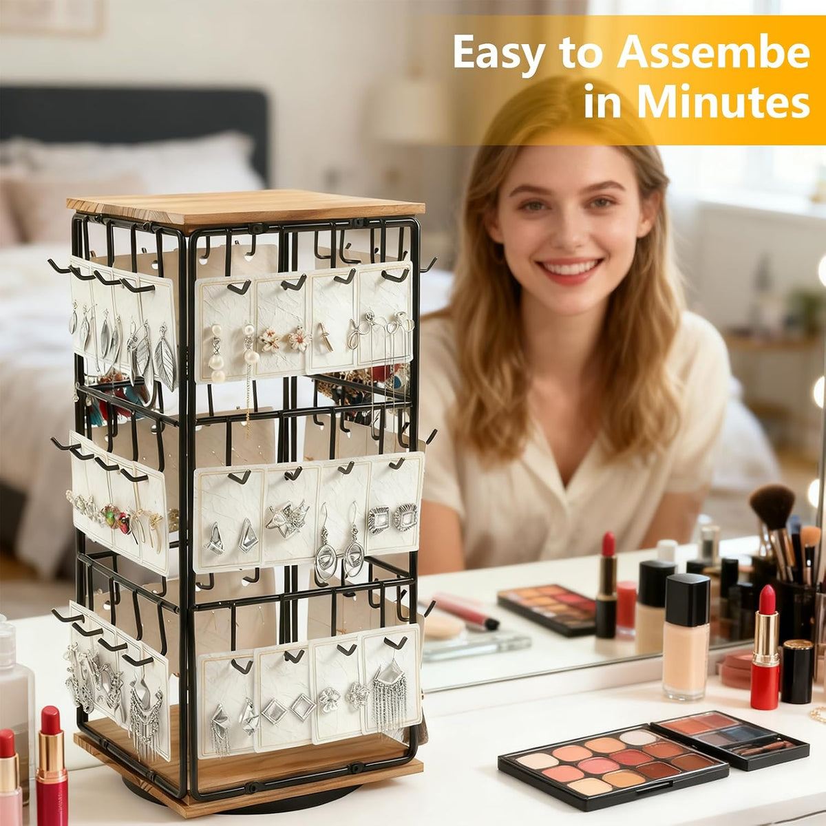 Rotating Earring Display Holder Stand for Vendors Events Selling, Large Capacity 48 Hooks Jewelry Rack with Wooden Base for Earring Card Sales, Enhances Retail Visibility