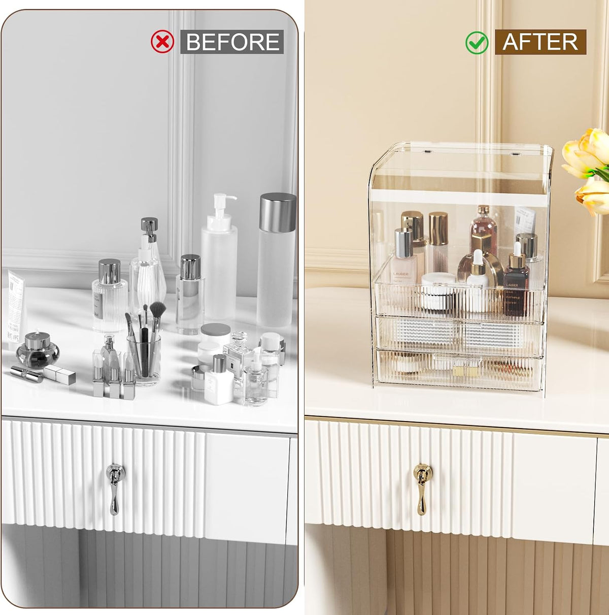 GearFusion 3 Tier Clear Cosmetic Organizer, Makeup Display Case with Lid & Drawers, Countertop Dresser Vanity Storage Box, Beauty Holder for Skincare Lipstick Brush