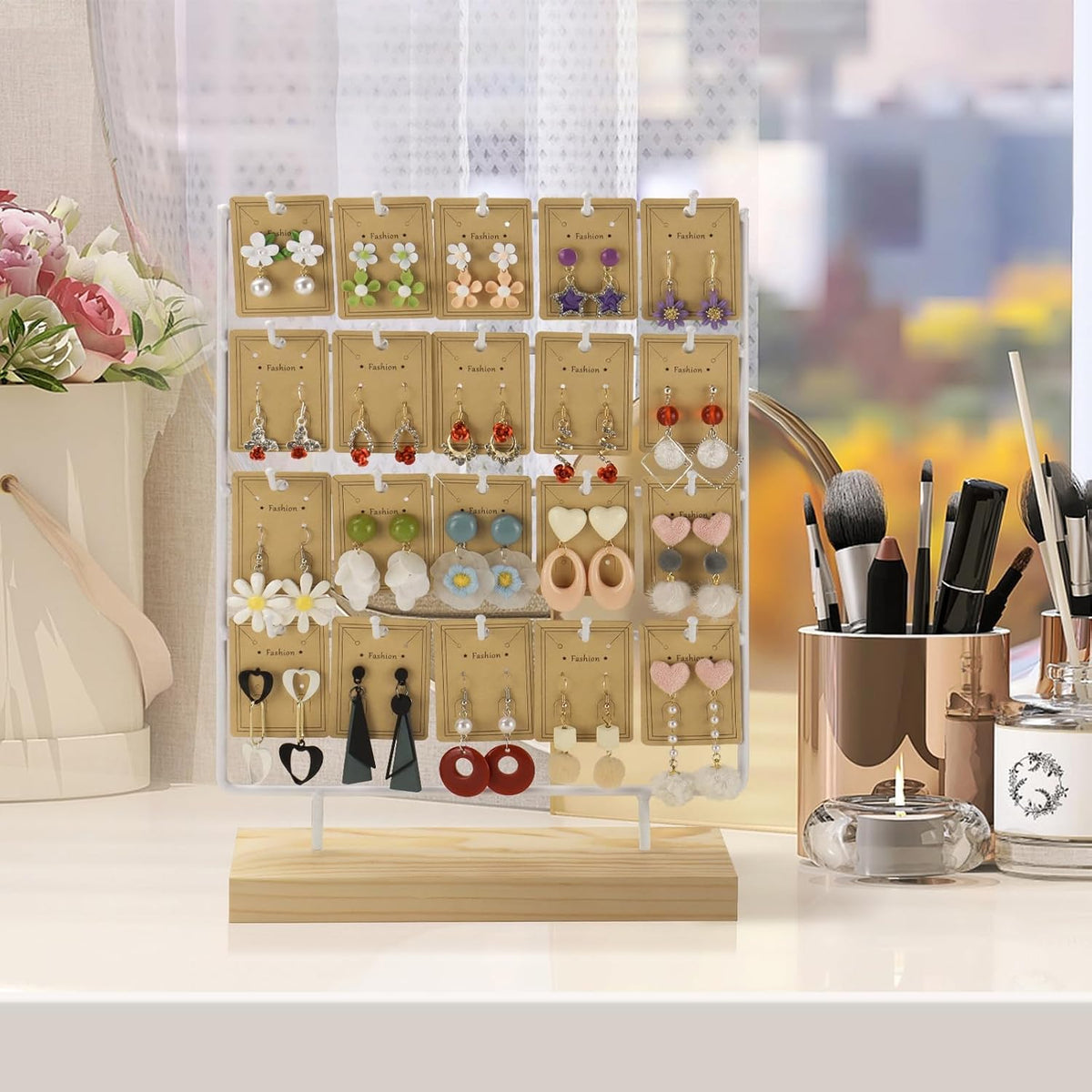 4 Tier and 20 Hooks Wood & Metal White Earrings Holder