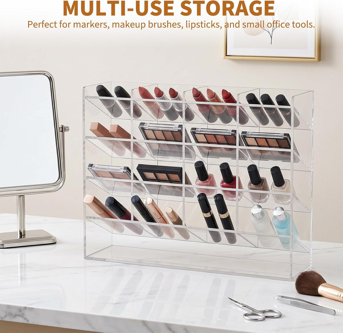TrailBlaze Acrylic Pen Holder, Multi‑Compartment Marker Organizer, Clear Desk Marker Display Storage Rack for Office Art Supplies Makeup Lipsticks, 13 x 4 x 10.2 Inch
