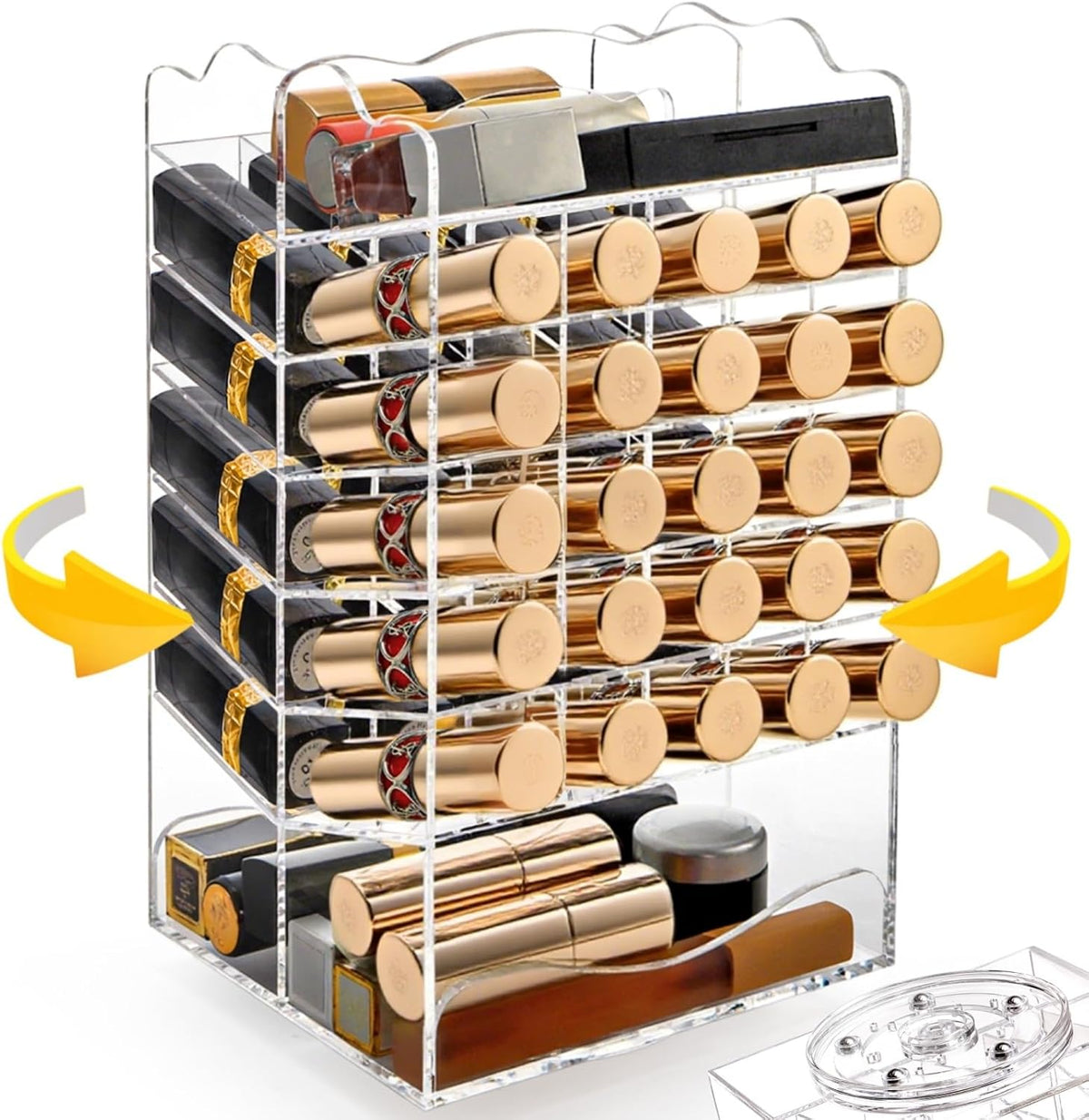 Tlence 360 Rotating Lipstick Organizer Tower, 7-Tier Clear Acrylic Lip Gloss Holder, 54 Slots Spinning Makeup Cosmetic Display Case Storage Rack for Vanity and Countertop