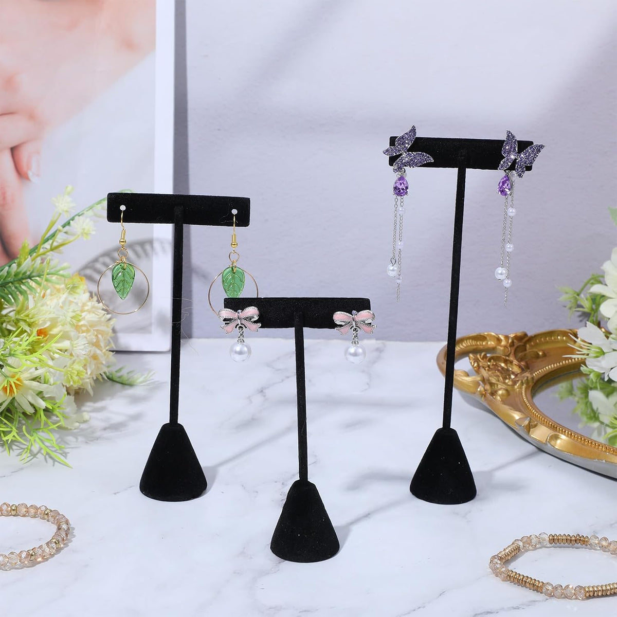 6-Piece Velvet Earring T-Stand Set - 3 Sizes (6.9”, 5.7”, 4.66”) Earrings Holder for Secure Jewelry Display & Organization - Black Earring Display Stands