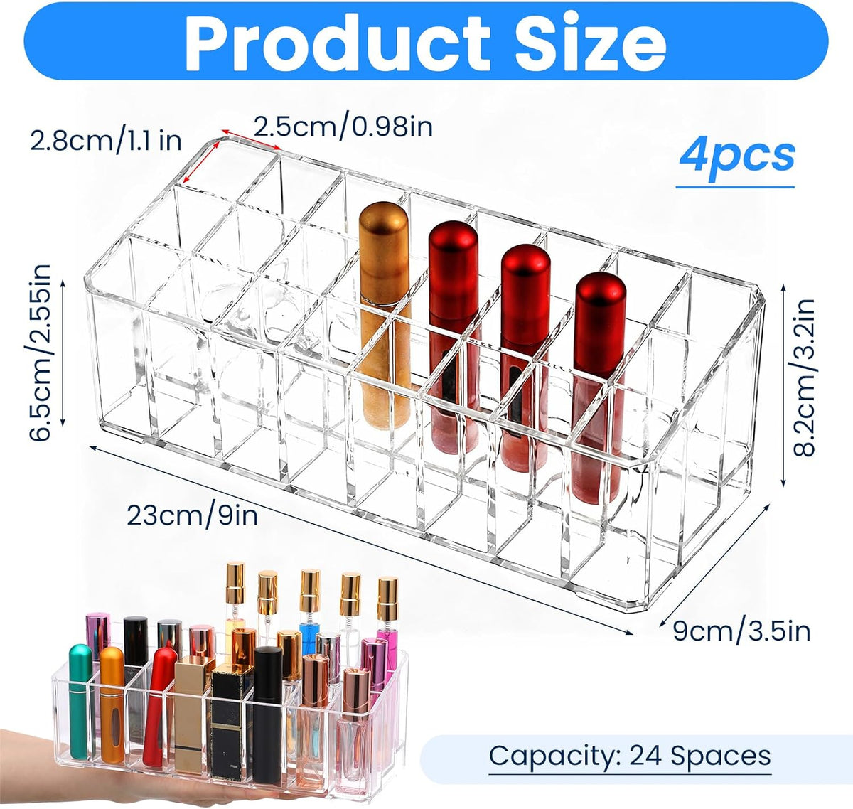 4 Pcs Perfume Organizer, 24 Slots Clear Acrylic Lipstick Organizer, Perfume Storage Holder for Vanity, Makeup Display Case for Lip Gloss Brushes Mascara