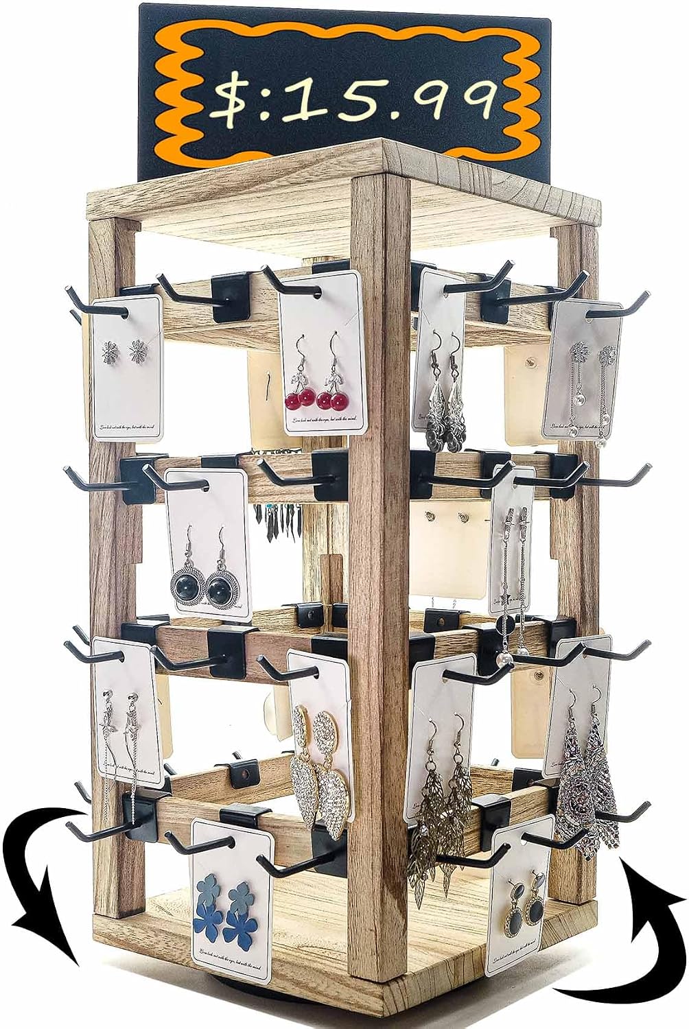 Rotating Jewelry Stand-48 Removable Hooks & Ad Board For Vendor(Brown)