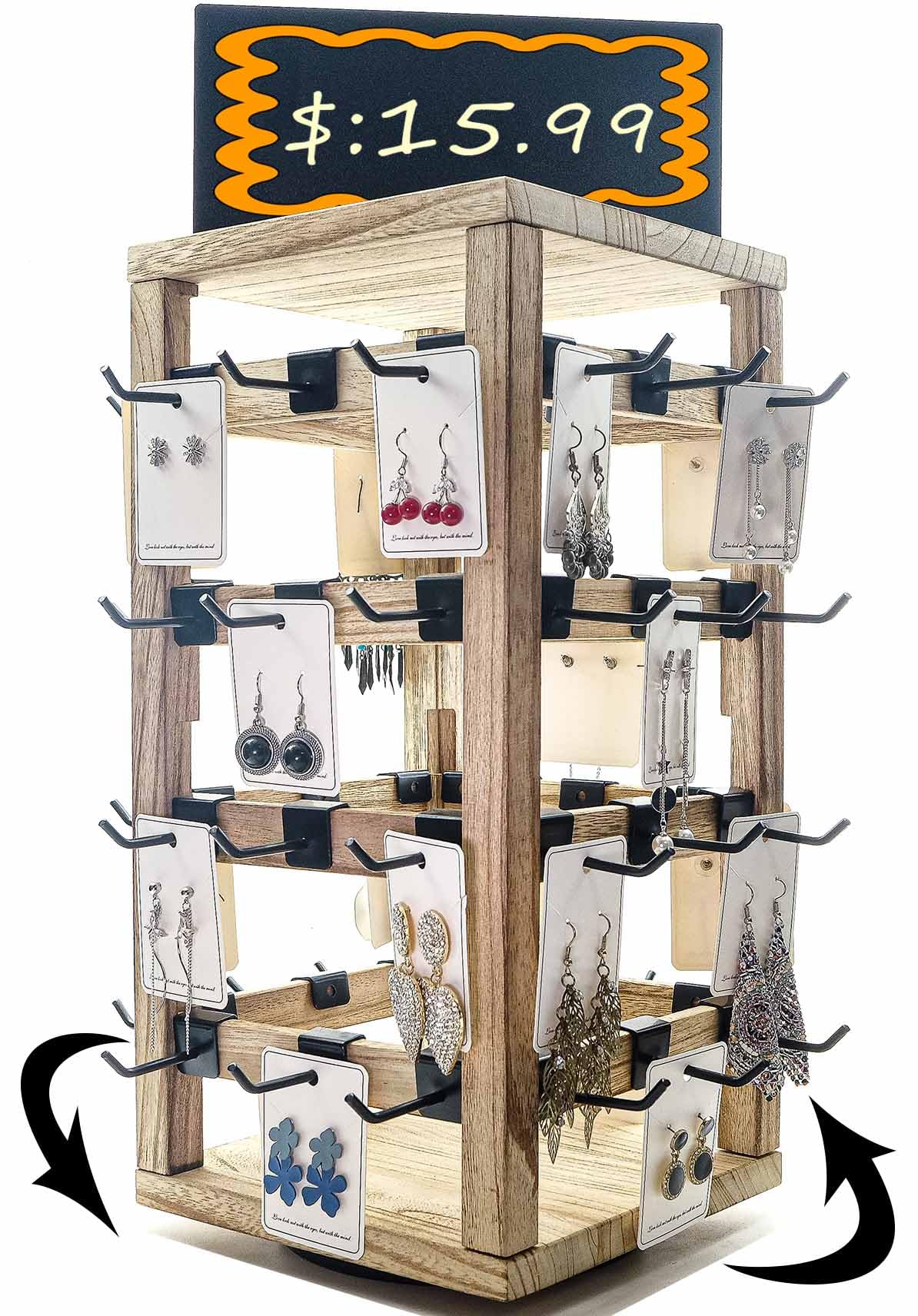 Rotating Jewelry Stand-48 Removable Hooks & Ad Board For Vendor(Brown)