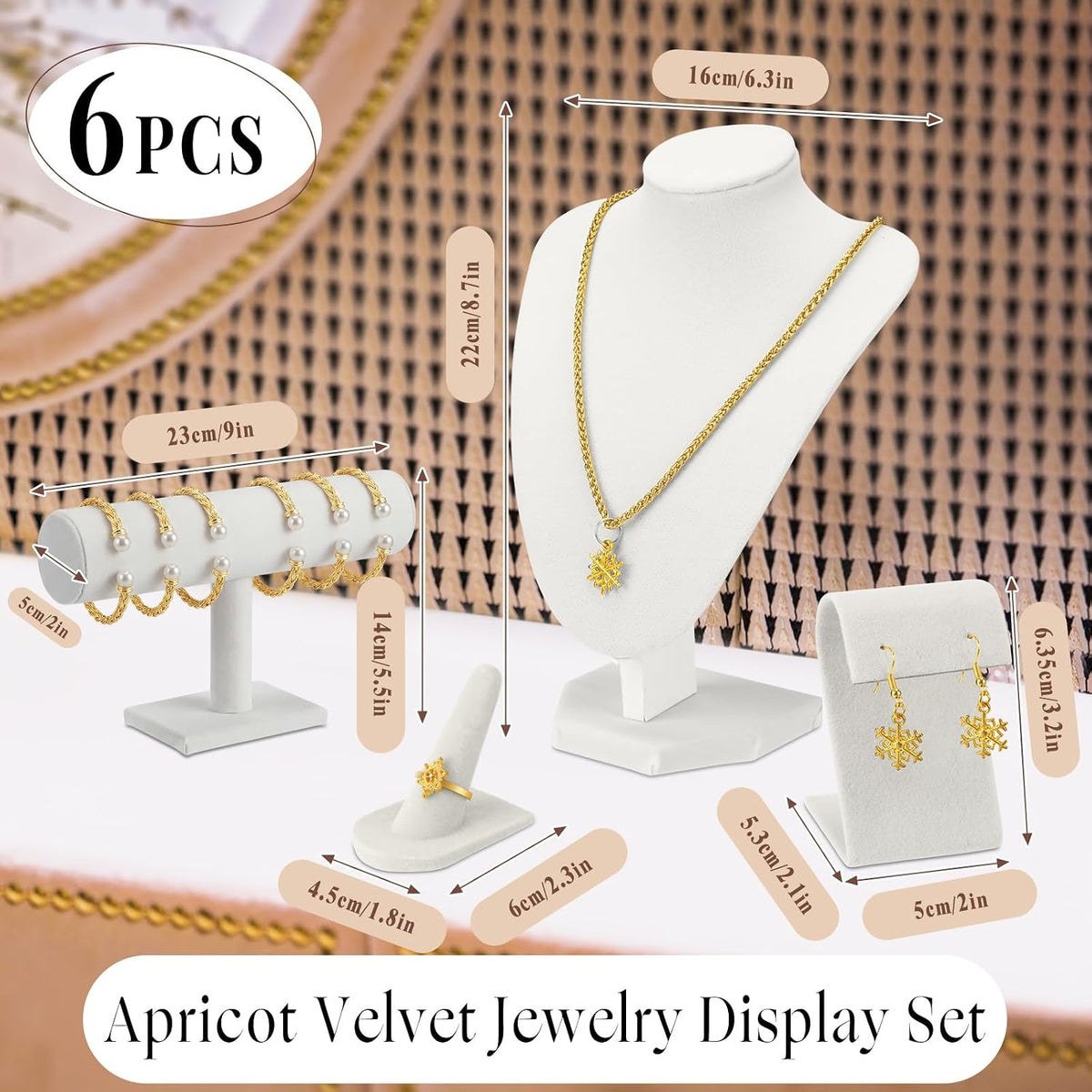 Wenqik Velvet Jewelry Display Set Necklace Mannequin Bust T-Bar Bracelet Holder 2 Earring Stands 2 Ring Holders for Showcase (White)
