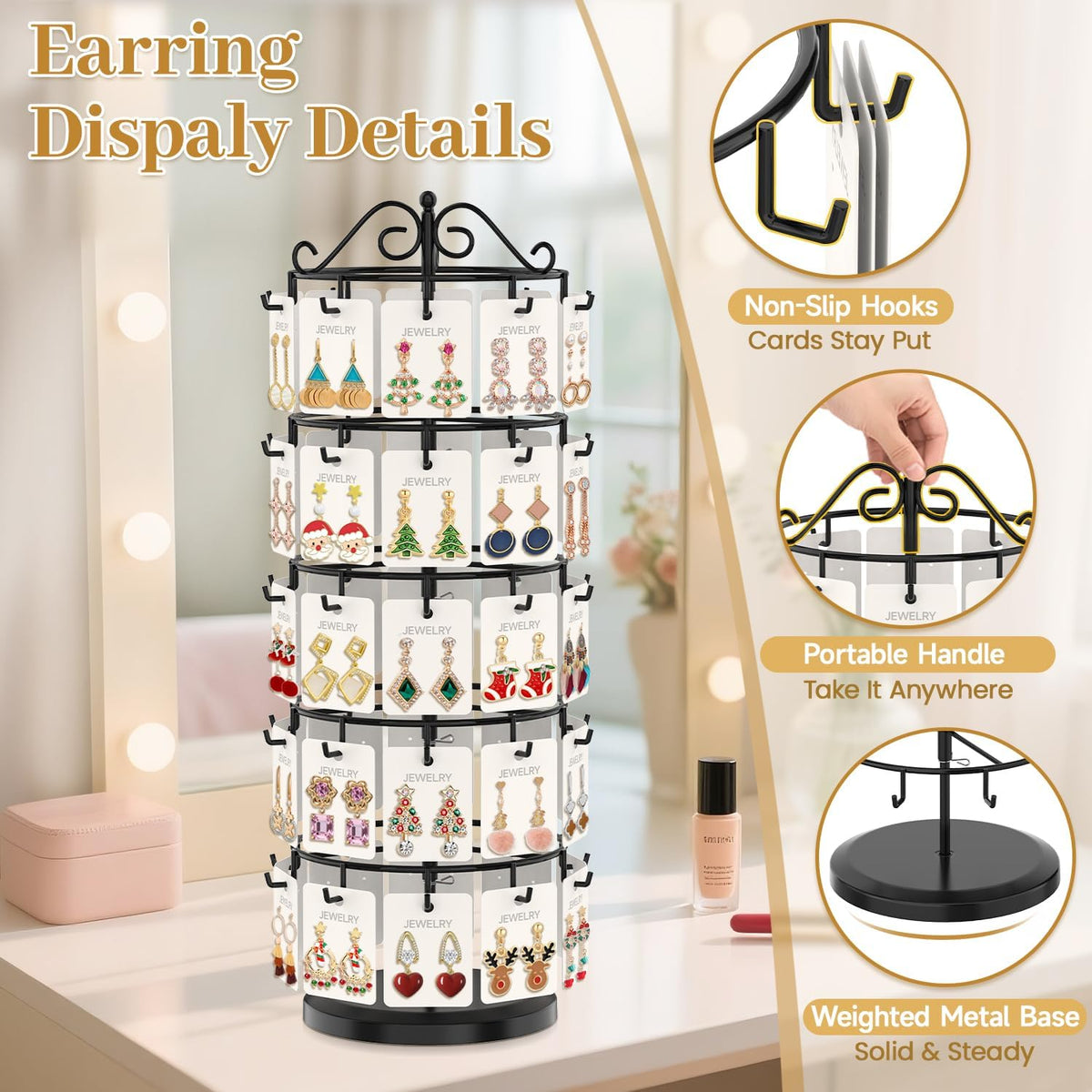 MODOWEY Earring Card Display Stand Metal Holder for Vendors, 50 Hooks Black