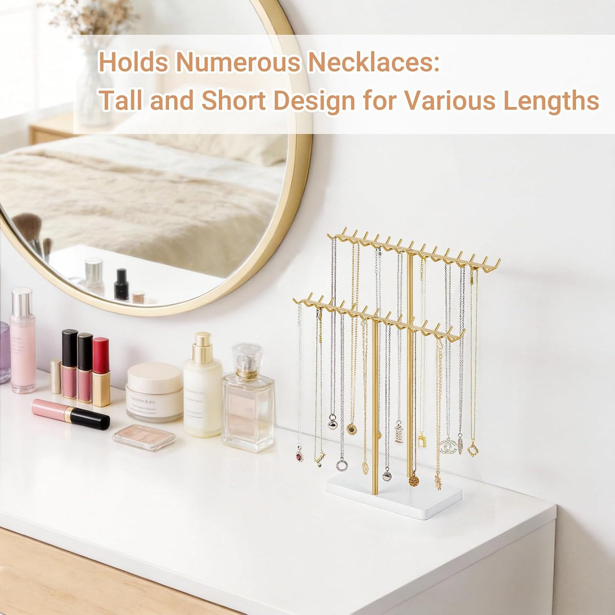 Mkono Necklace Holder Organizer, 2 Tier Gold Jewelry Display Stand Rack