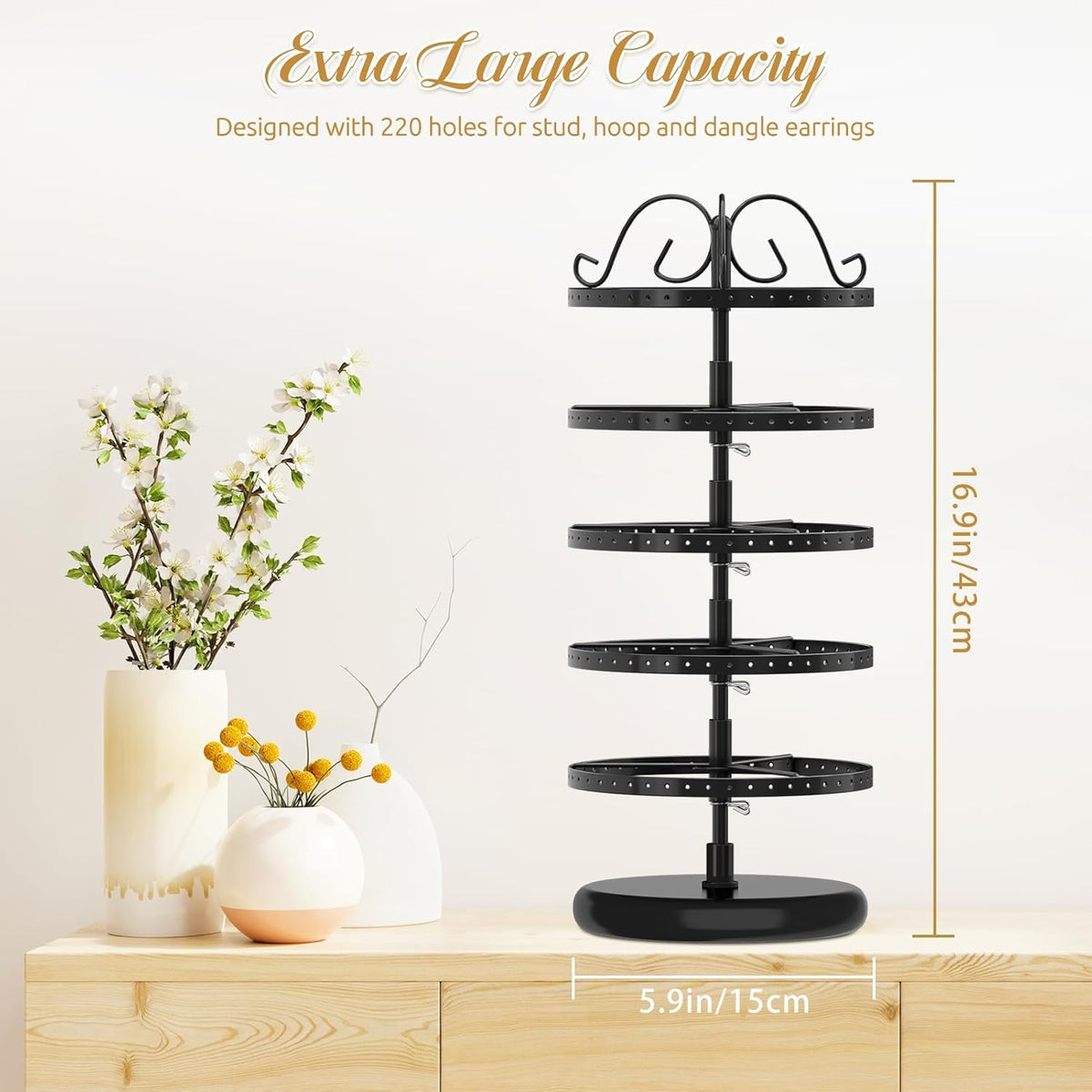 MODOWEY Rotating Earring Holder Organizer Display, 5 Tier Metal Tree, Black
