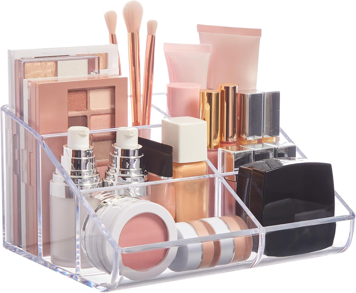STORi Clear Plastic Vanity Makeup Organizer | 6-Compartment Holder for Brushes, Eyeshadow Palettes, & Beauty Supplies | Curved Front Design | Made in USA