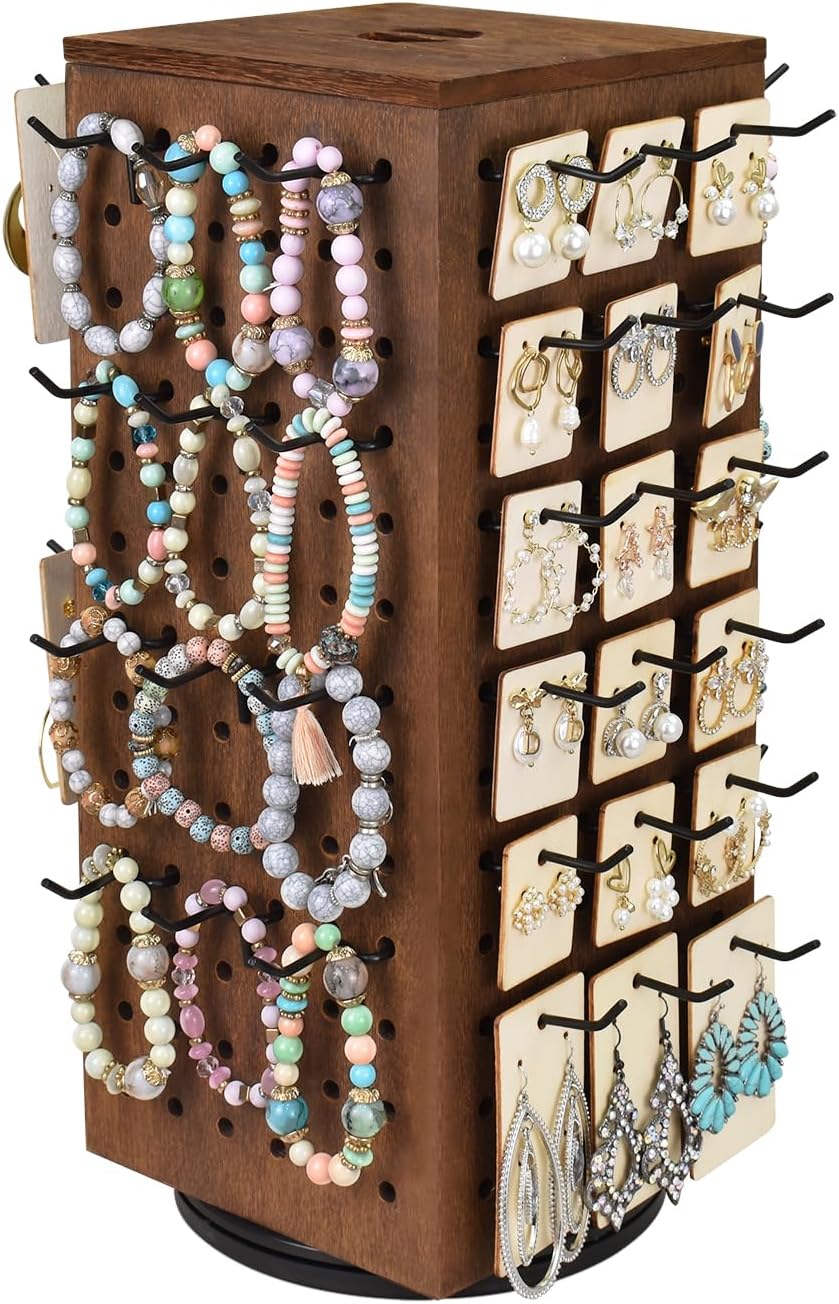 MOOCA Rotating Wooden Jewelry Display with 48 Hooks, Brown