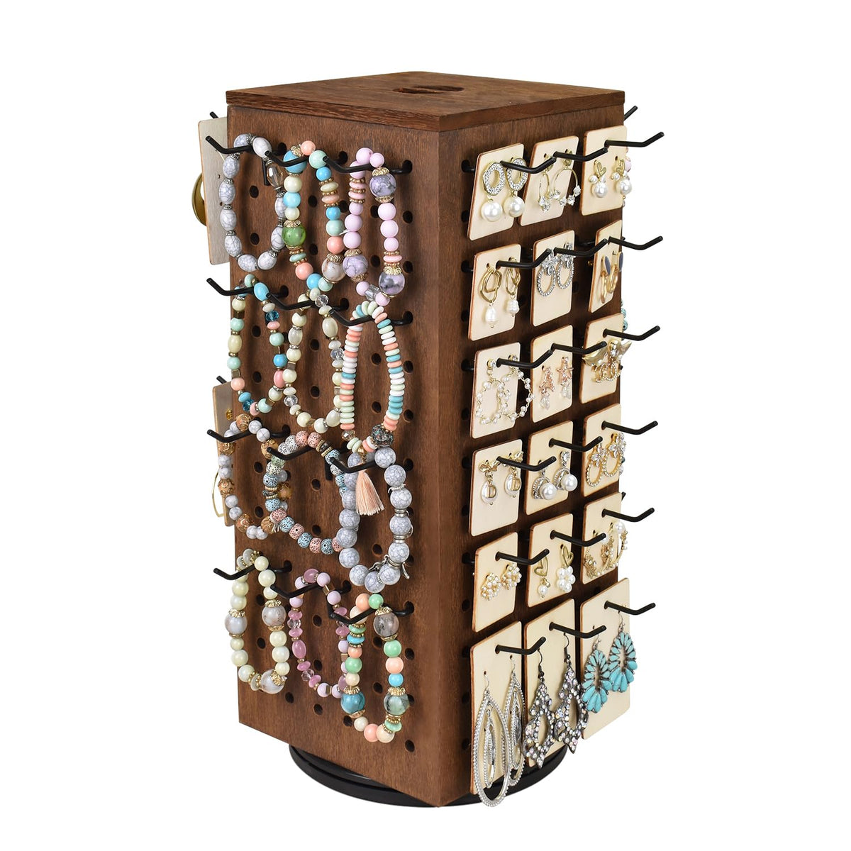 MOOCA Rotating Wooden Jewelry Display with 48 Hooks, Brown