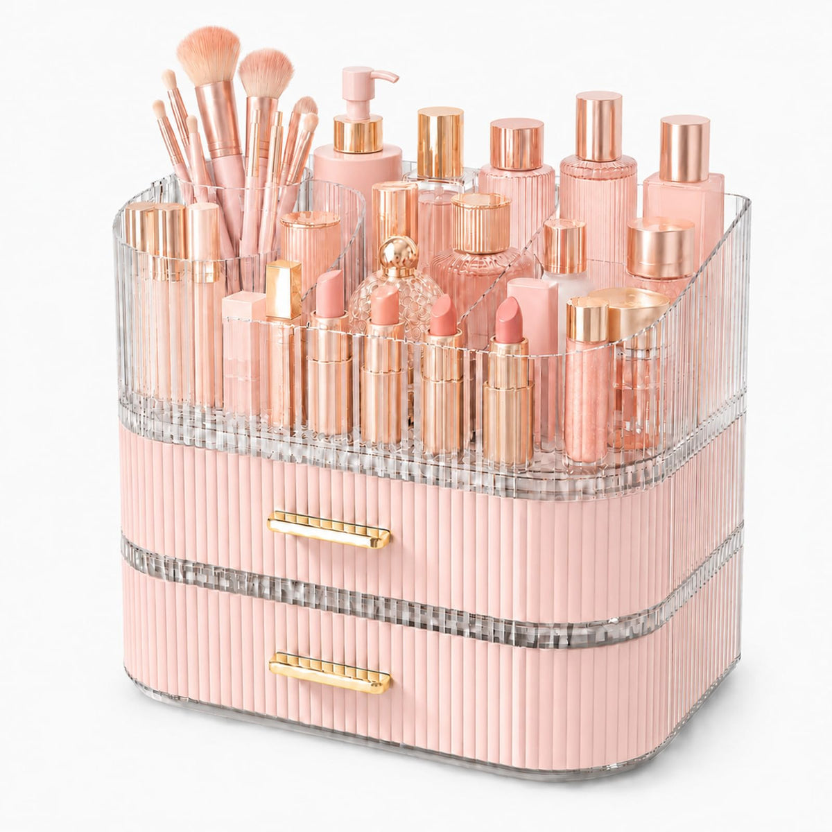 360° Rotating Makeup Organizer with Drawer, Clear Acrylic Cosmetic Storage Display, Stackable Beauty Counter (Clear, Large (Tray + 1 Drawer))