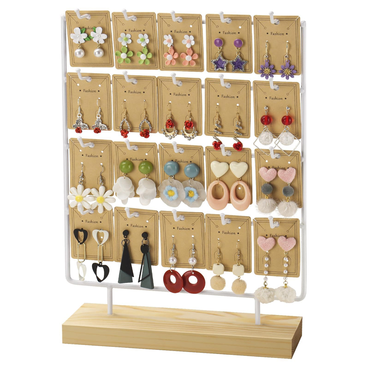 4 Tier and 20 Hooks Wood & Metal White Earrings Holder
