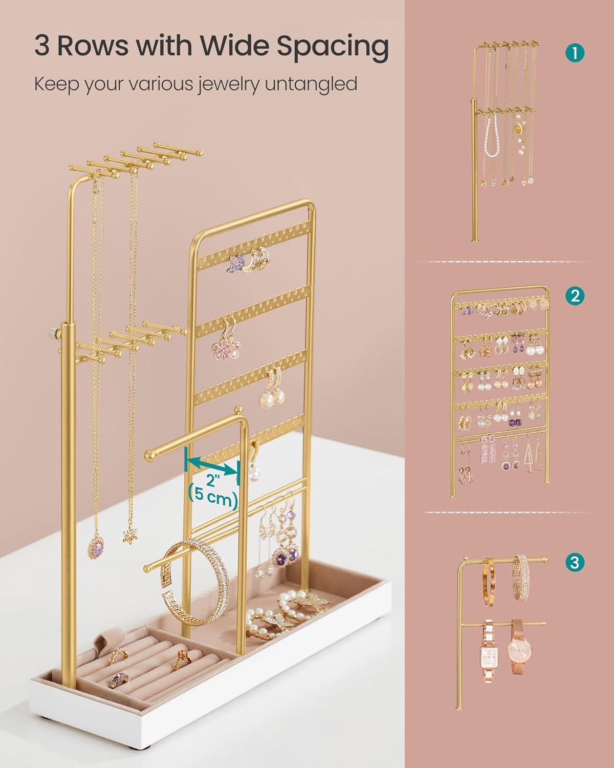 SONGMICS Jewelry Holder, 12.1 to 18.7 Inches Height Adjustable Stand