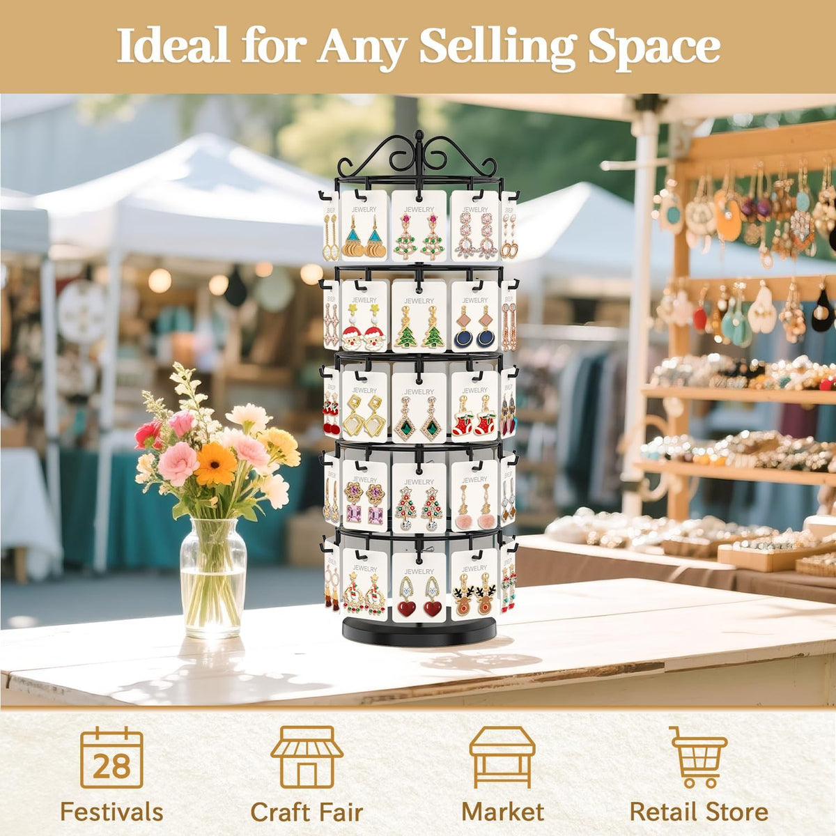 MODOWEY Earring Card Display Stand Metal Holder for Vendors, 50 Hooks Black