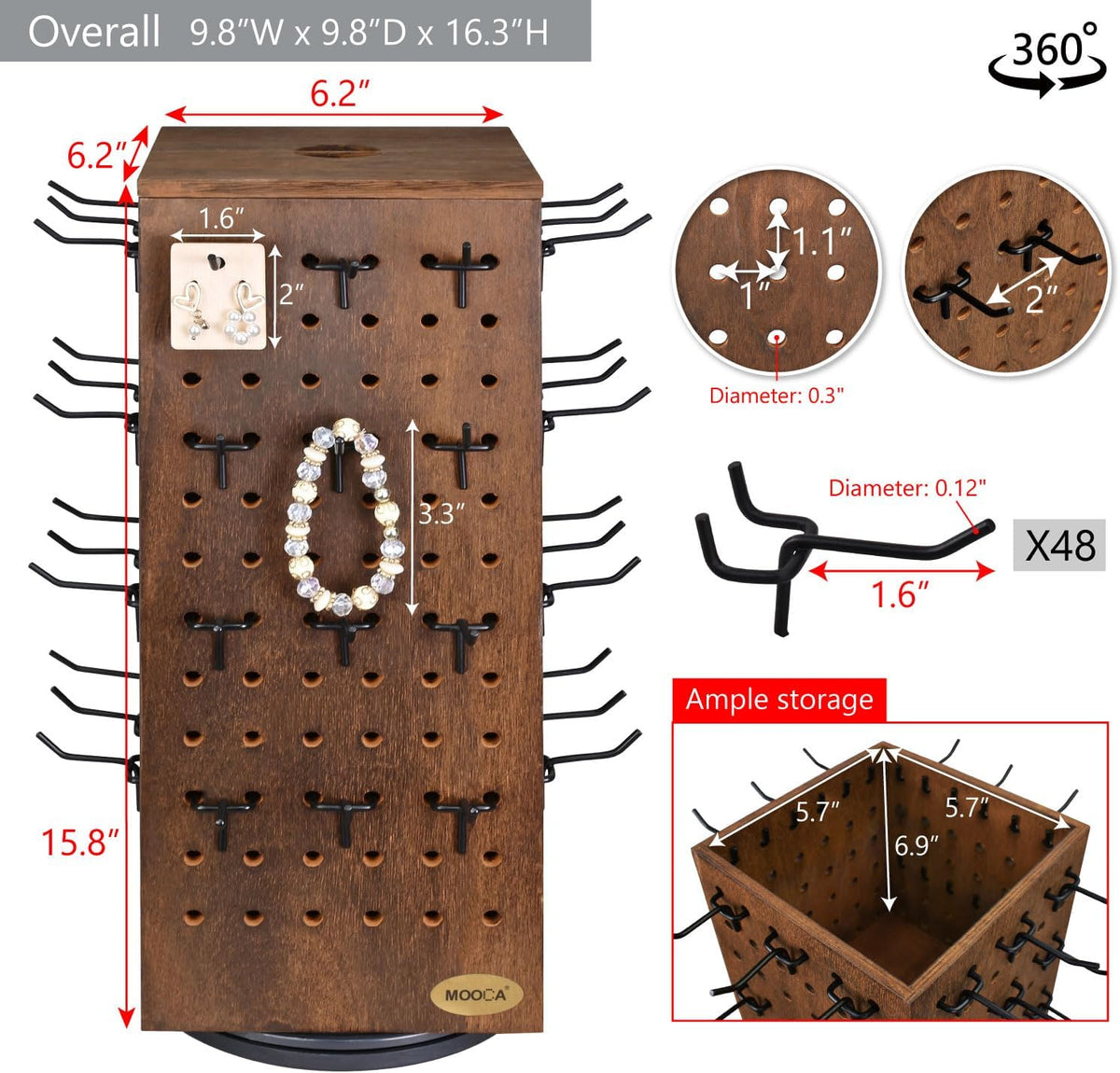 MOOCA Rotating Wooden Jewelry Display with 48 Hooks, Brown