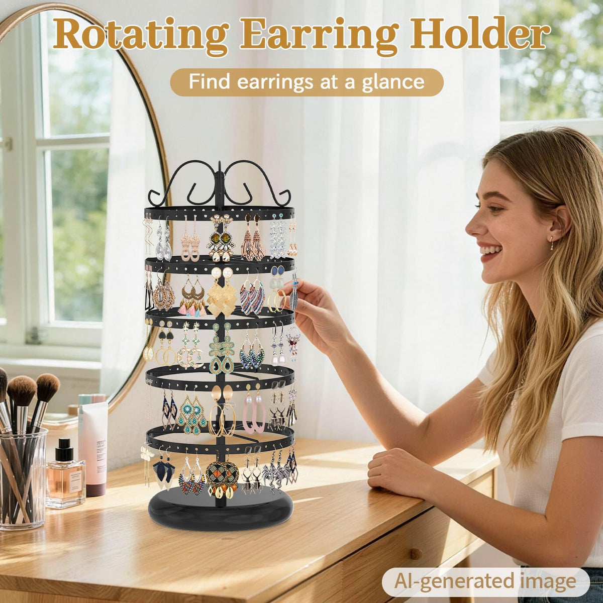 MODOWEY Rotating Earring Holder Organizer Display, 5 Tier Metal Tree, Black