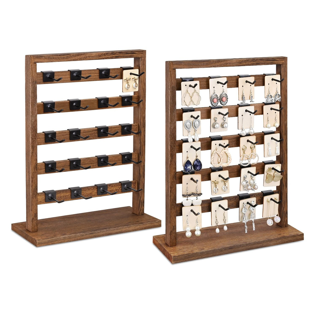 Ikee Design 5 Tiers Free Assemble Wooden Jewelry Display Rack with 20 Removable Metal Hooks,Earring Card Display Stand,Jewelry Organizer,Bracelet Organizer,Keychain Display Stand,Brown Color