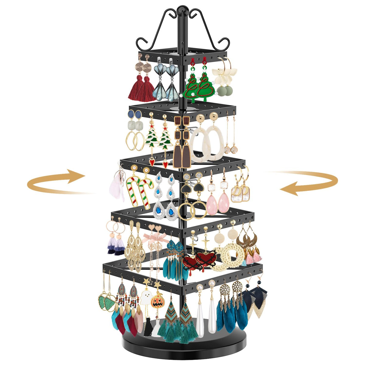 MODOWEY Rotating Earring Holder Organizer Display, 5 Tier Metal Tree, Black