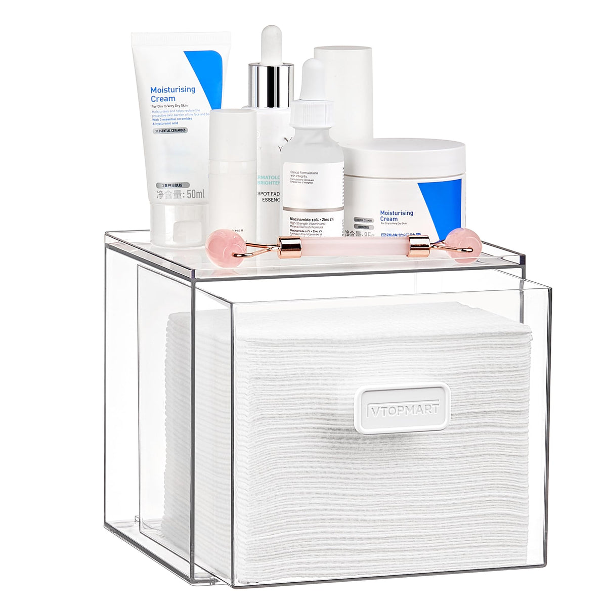Vtopmart Disposable Facial Towels Holder,Clear Storage Drawer Compatible with Clean Skin Club Towel XL,Acrylic Box Hold 50 Count,Stylish and Functional Bathroom Accessory for Coutertop Organization