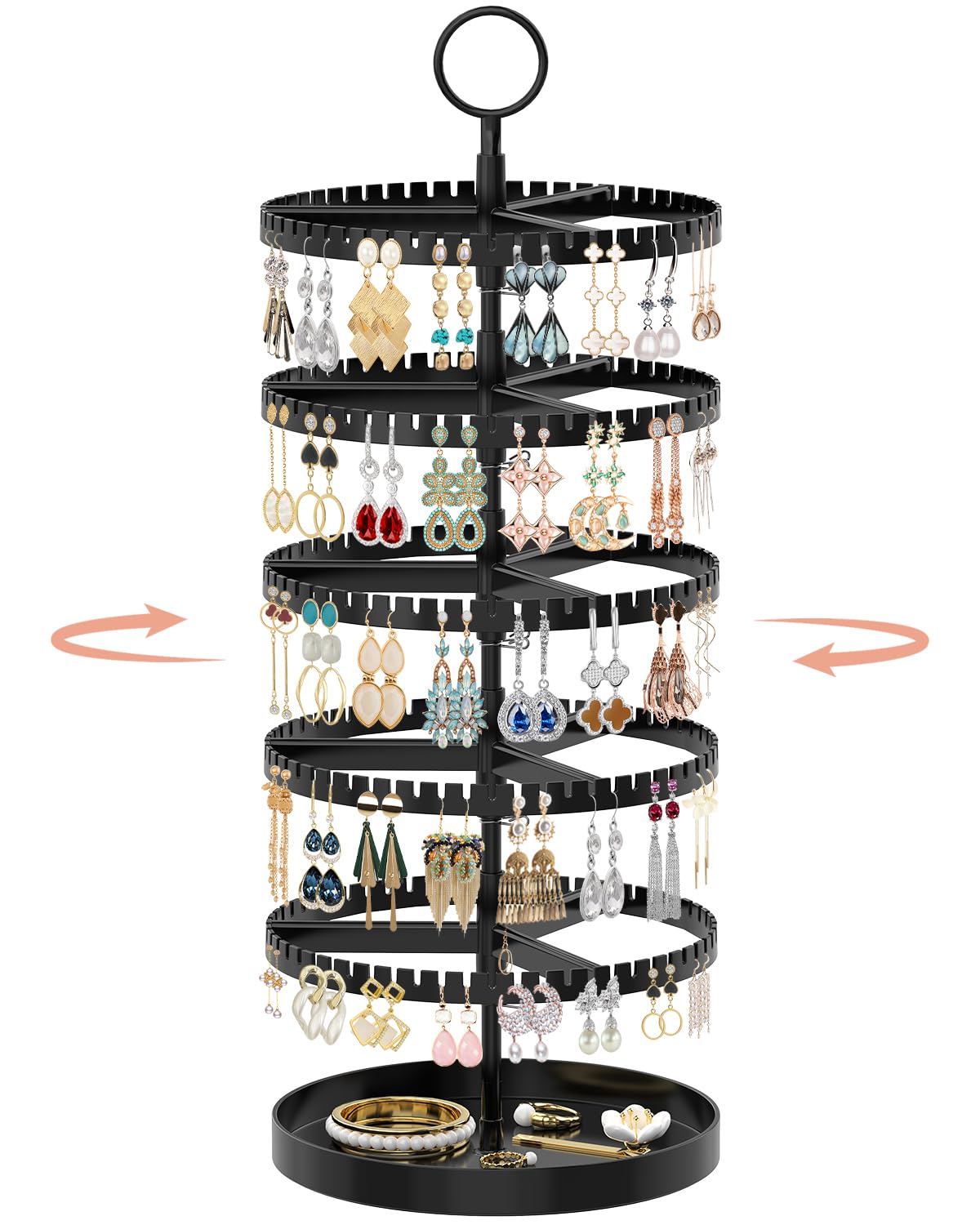 iDavosic.ly 6 Tier Rotating Earring Holder Organizer, Metal Tray, Black