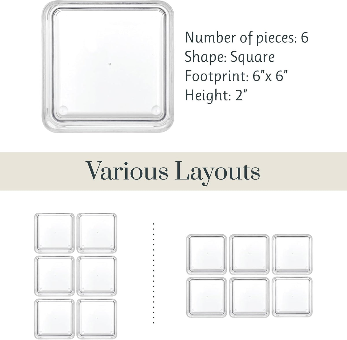 STORi SimpleSort 6-Piece Stackable Clear Drawer Organizer Set | 6" x 6" x 2" Square Trays | Small Makeup Vanity Storage Bins and Office Desk Drawer Dividers | Made in USA