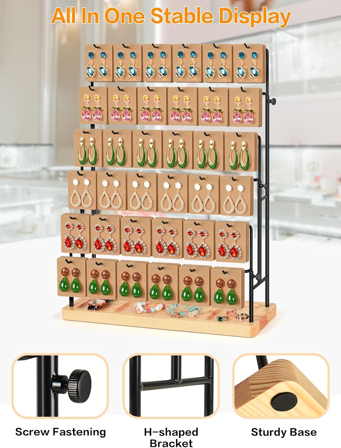 Jewelry Display for Vendors, 36 Hooks Earring Display Stands for Selling, Earring Holder Organizer for Earring Cards, Bracelets, Necklaces, Rings, Keychains Retail-Burlywood